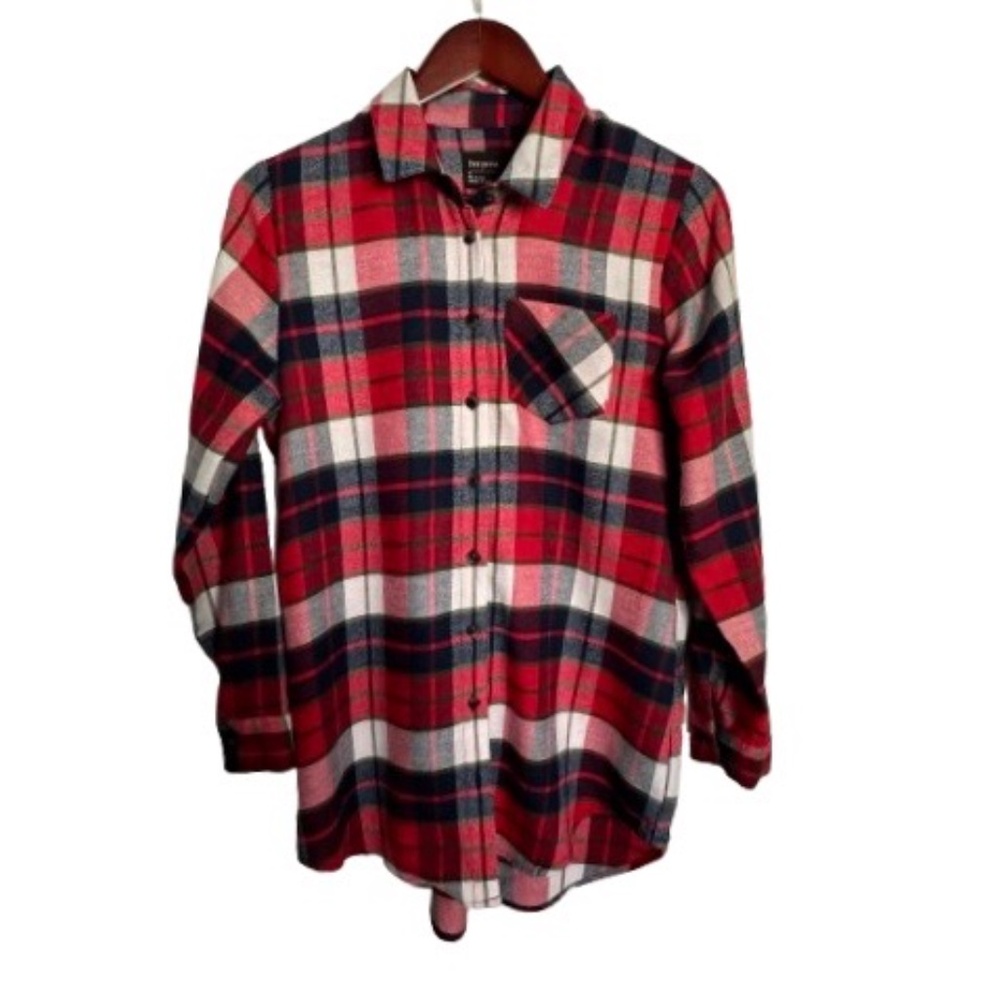 free press Man's XS Red/Black/White Squares Plaid Sleeved Button Up Shirt Top